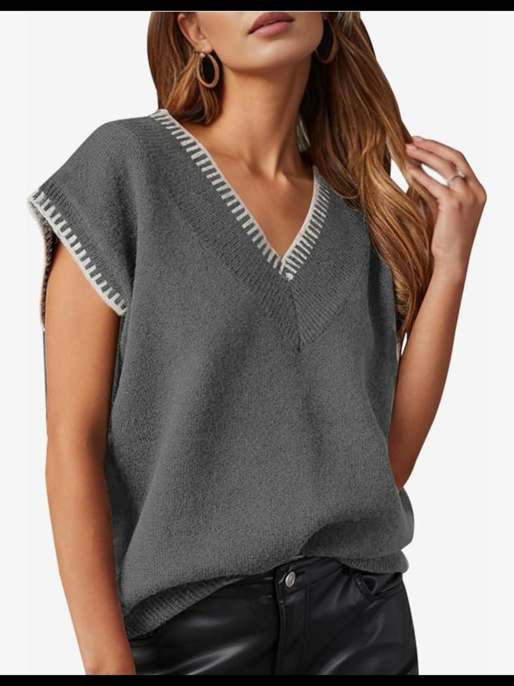 Saodimallsu Womens V Neck Sweater Vest Summer Cap Sleeve Casual Loose Knit